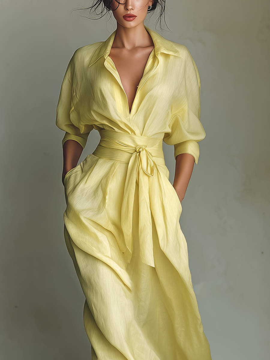 Robe Chemise Maxi Femme Jaune Citron En Coton Et Lin Avec Ceinture À Nouer & Manches Mi-Longues