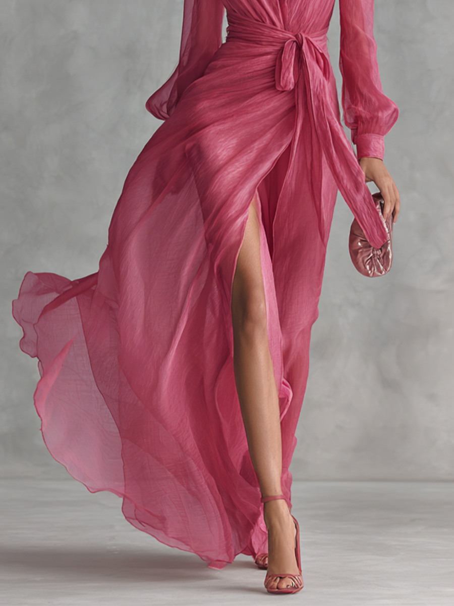 Robe Longue Élégante Femme en Chiffon Rose Poudré à Perles, Décolleté en V et Taille Liée