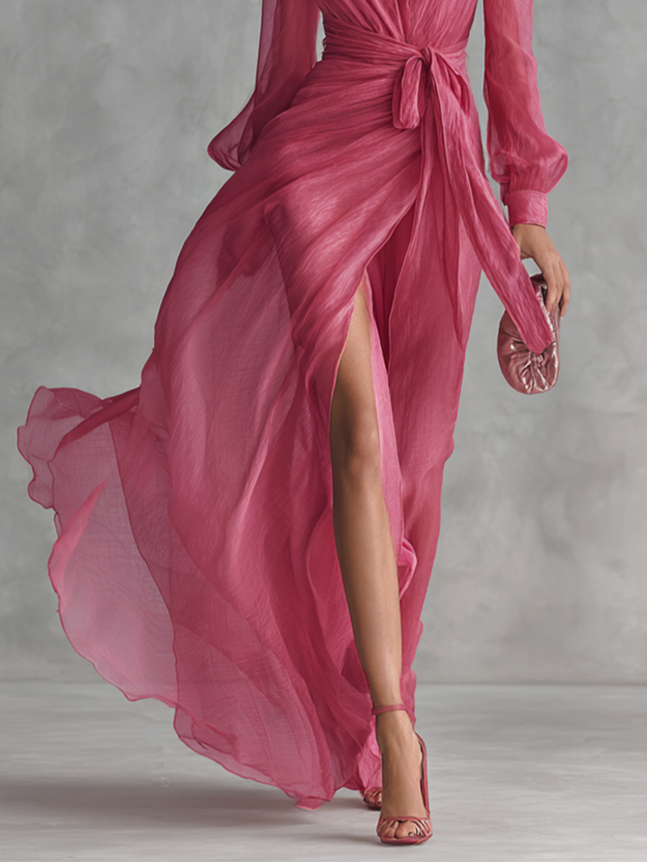 Robe Longue Élégante Femme en Chiffon Rose Poudré à Perles, Décolleté en V et Taille Liée