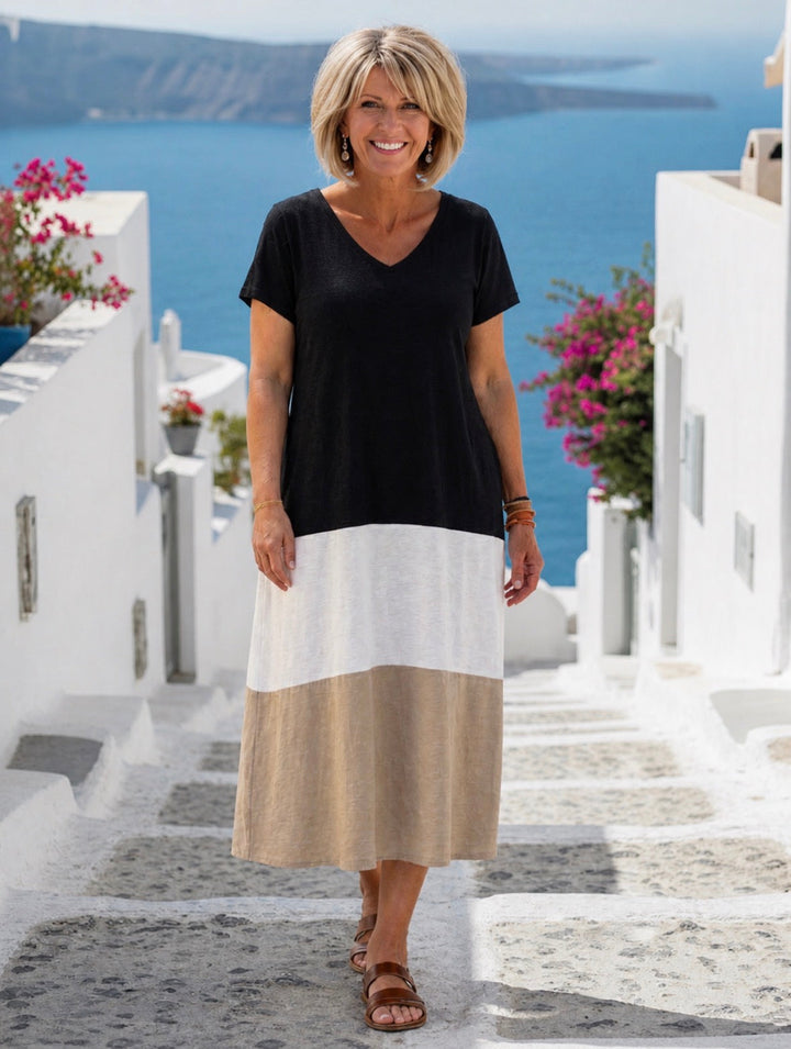 Thalia | Abito Midi a Maniche Corte con Scollo a V e Colori a Blocco