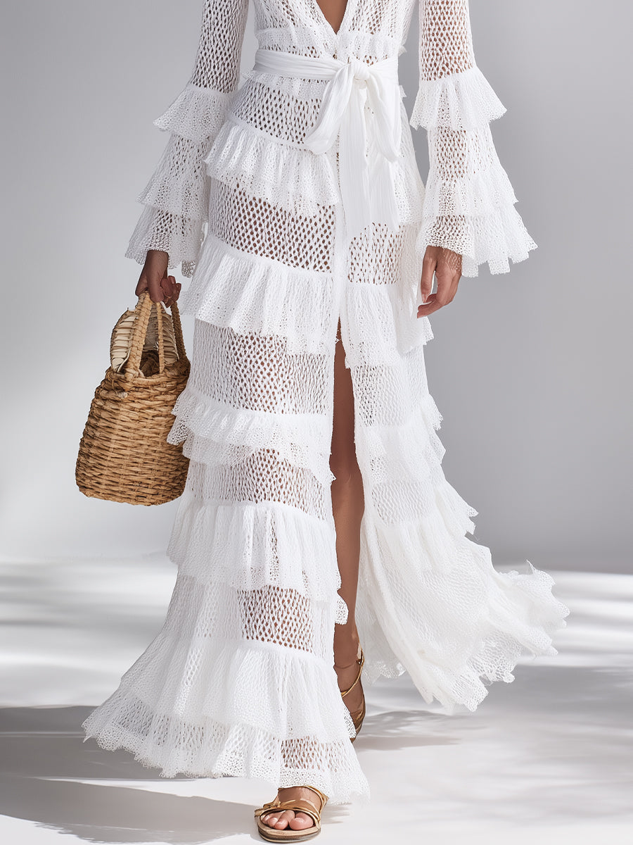 Cardigan au Crochet Blanc Brillant pour Femmes avec Décolleté en V Profond et Volants Superposés, Style Bohème-Chic Intemporel