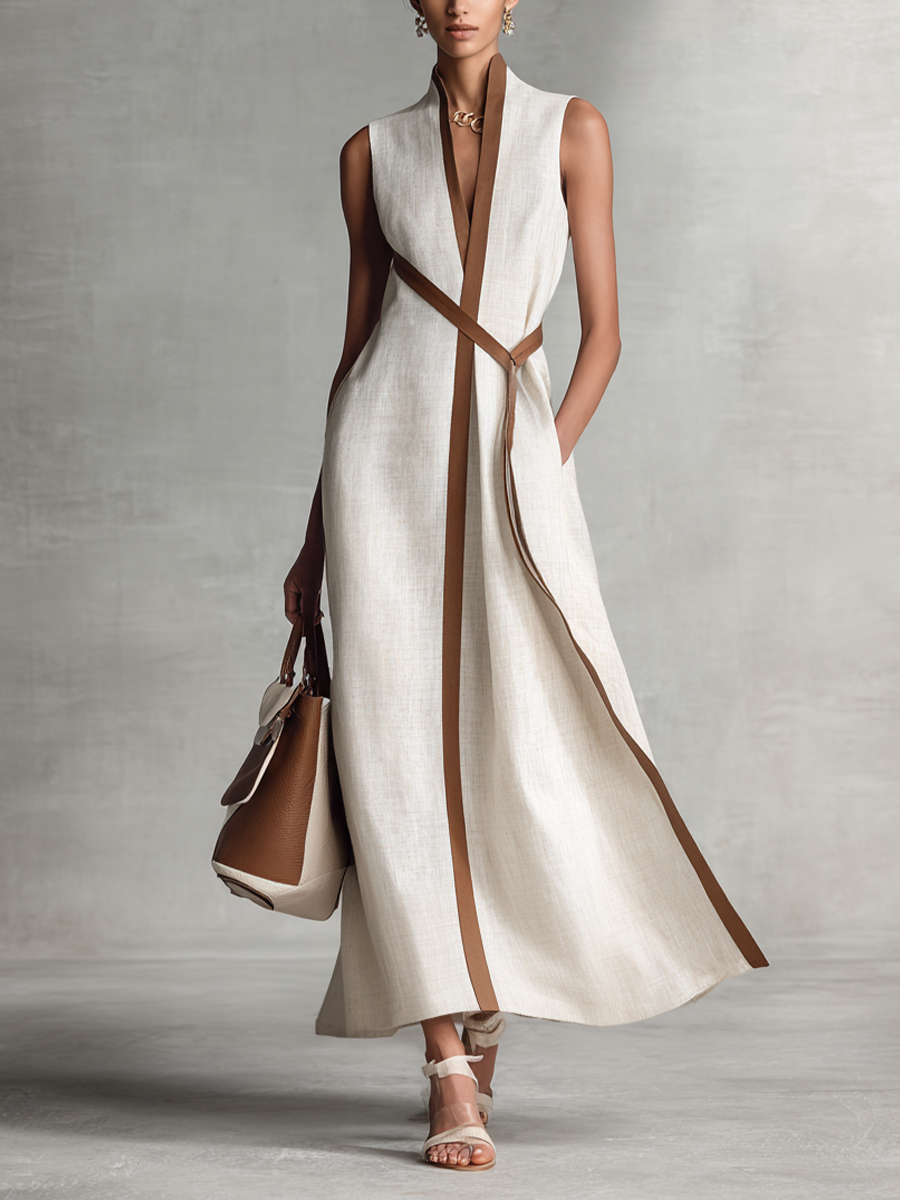 Robe Maxi en Coton Lin sans Manches à Encolure en V et Ceinture à Nouer pour Femmes