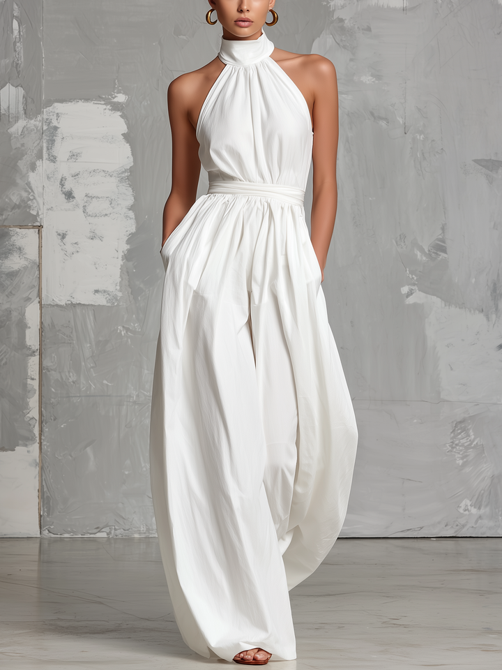 Combinaison élégante blanche tissée, sans manches, à col halter