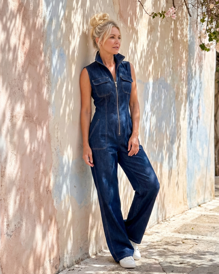 Samantha | Salopette in denim senza maniche con zip frontale