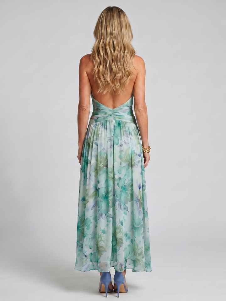 Portia | Vestito Midi a Pieghe con Scollo All'Americana e Motivo Floreale