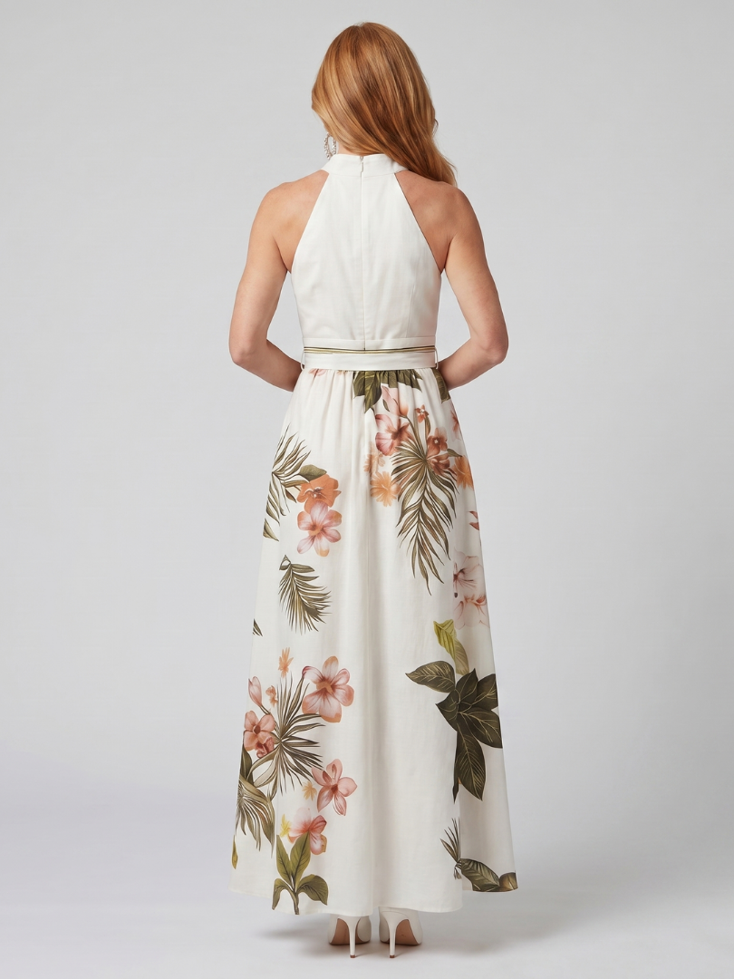 Meadow | Abito Maxi con Pannello Botanico e Scollo All'Americana