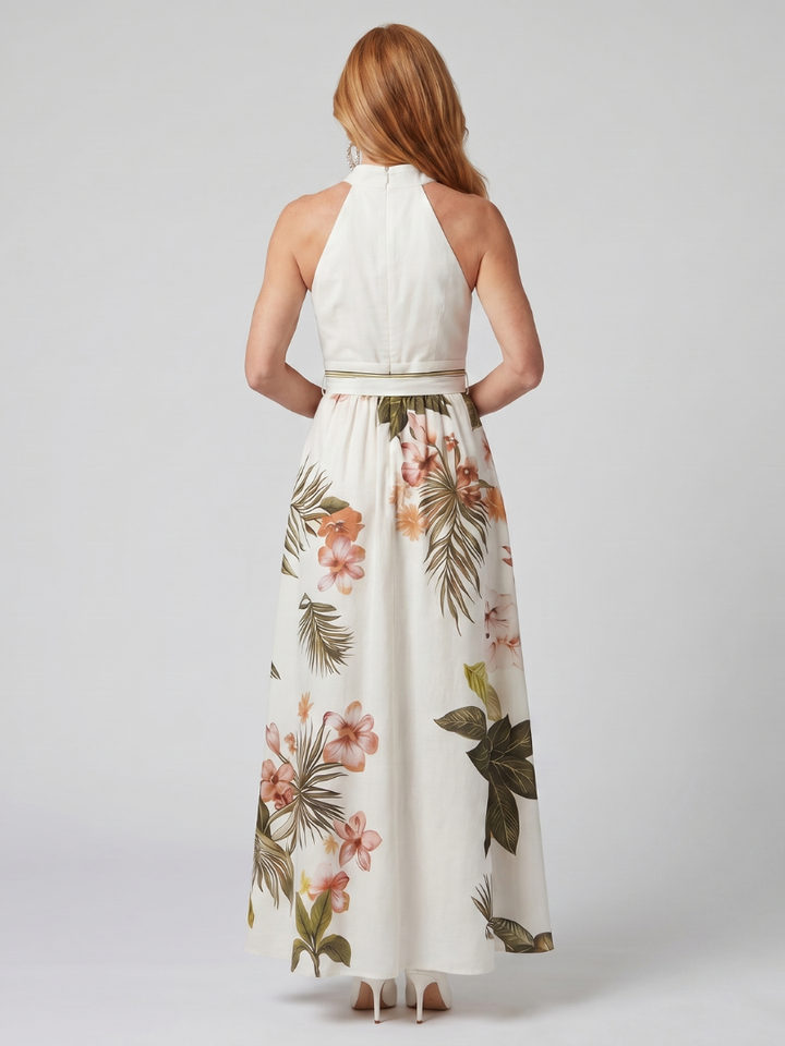 Meadow | Abito Maxi con Pannello Botanico e Scollo All'Americana