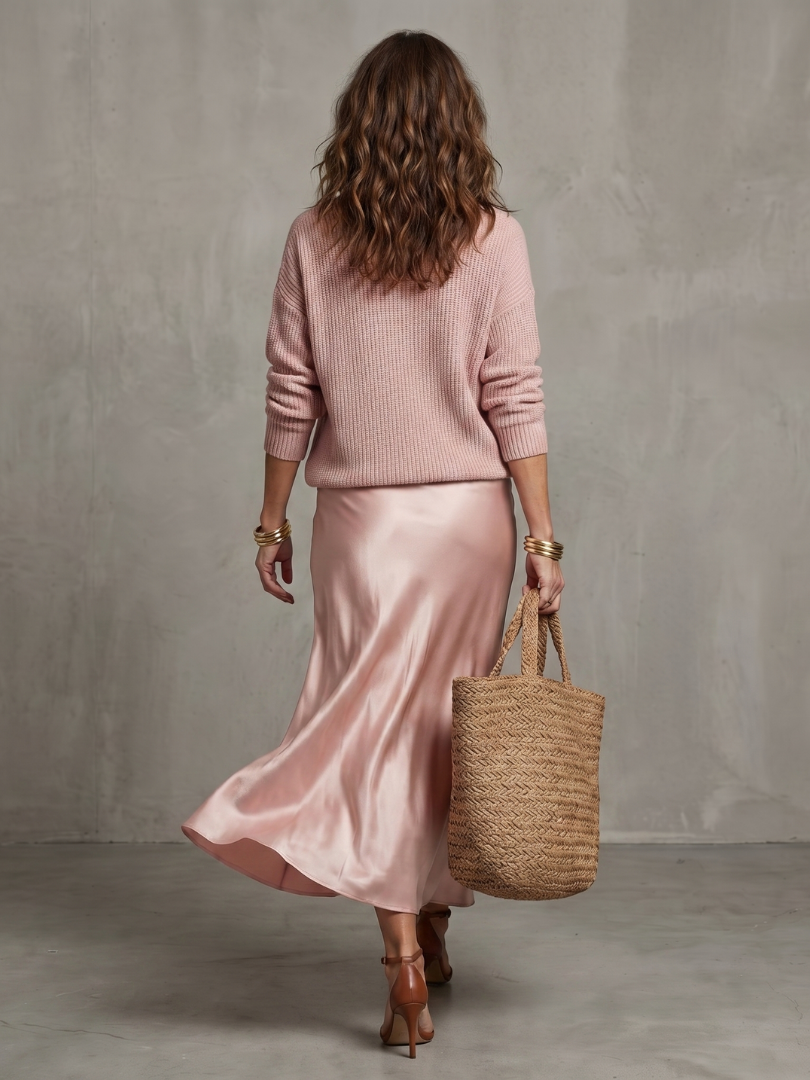 Luciana | Set di Maglione a V e Gonna in Satin a Taglio Inclinato