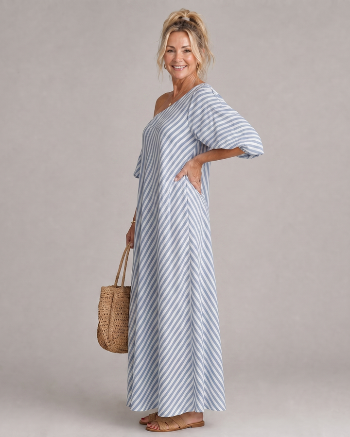 Zamrina | Abito Midi a Strisce con Maniche a Volant Off Shoulder