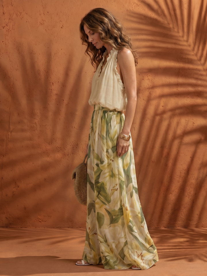 Solange | Blusa con Collo Halter e Pantaloni a Gamba Larga Floreali