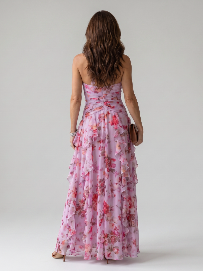 Nori | Vestito Maxi Floreale con Corpino Arricciato e Collo Halter