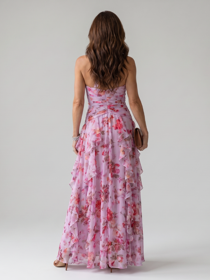 Nori | Vestito Maxi Floreale con Corpino Arricciato e Collo Halter