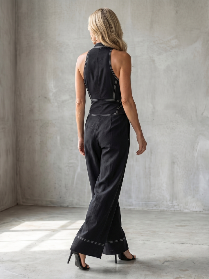 Dara | Salopette a Zip Front con Cuciture a Contrasto e Gamba Larga