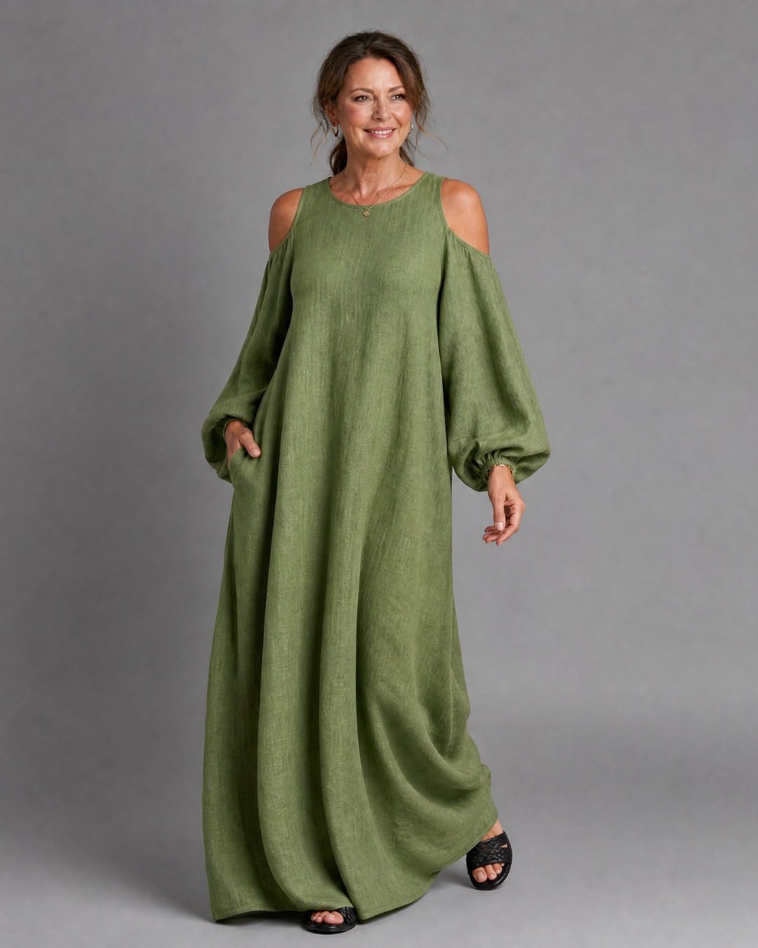 Sylphine | Abito Maxi Relaxed con Spalle Scoperte e Maniche a Palloncino