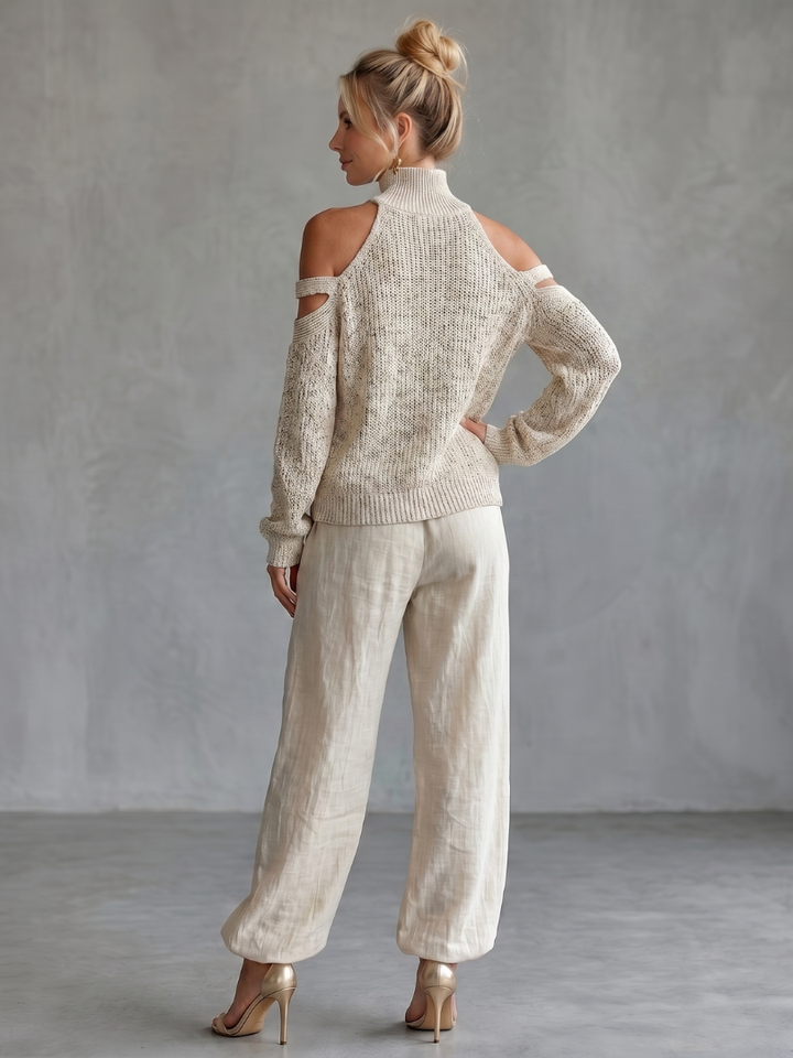 Questo | Top a Maglia con Spalle Scoperte e Set di Pantaloni a Gamba Larga