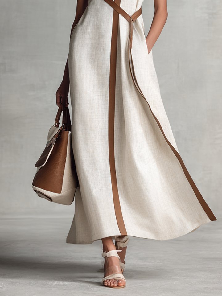 Robe Maxi en Coton Lin sans Manches à Encolure en V et Ceinture à Nouer pour Femmes