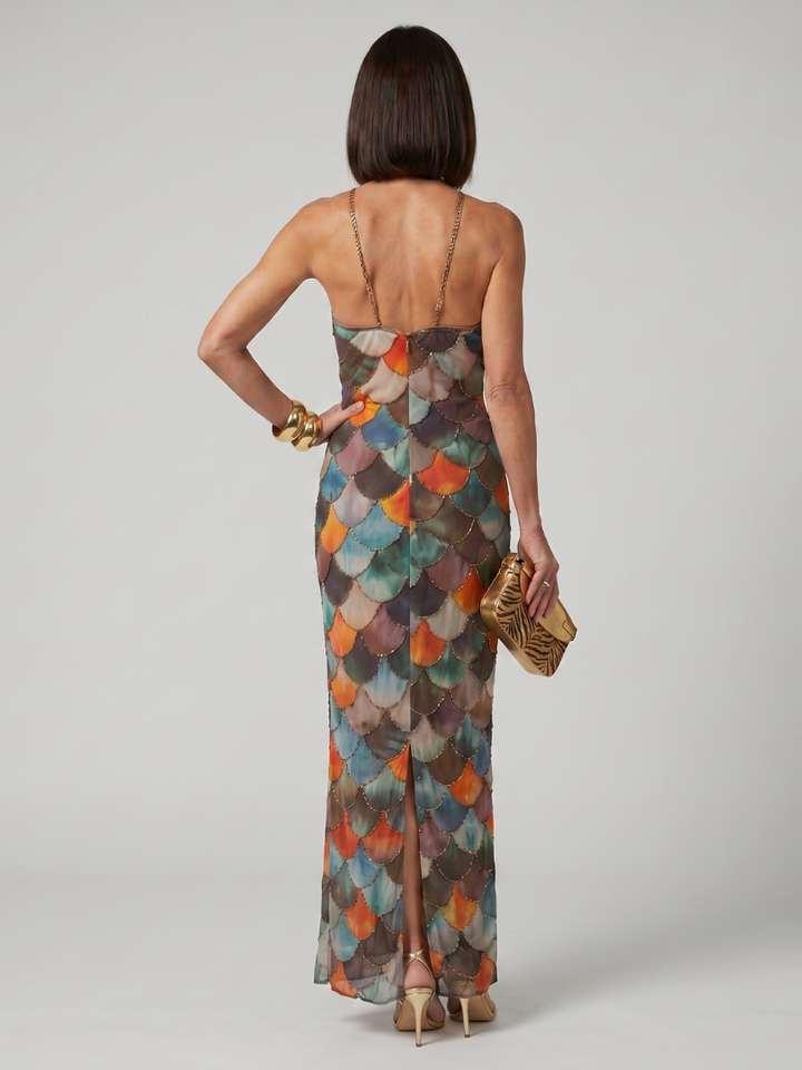 Larkin | Abito Maxi a Scaglie Multicolore Fitted