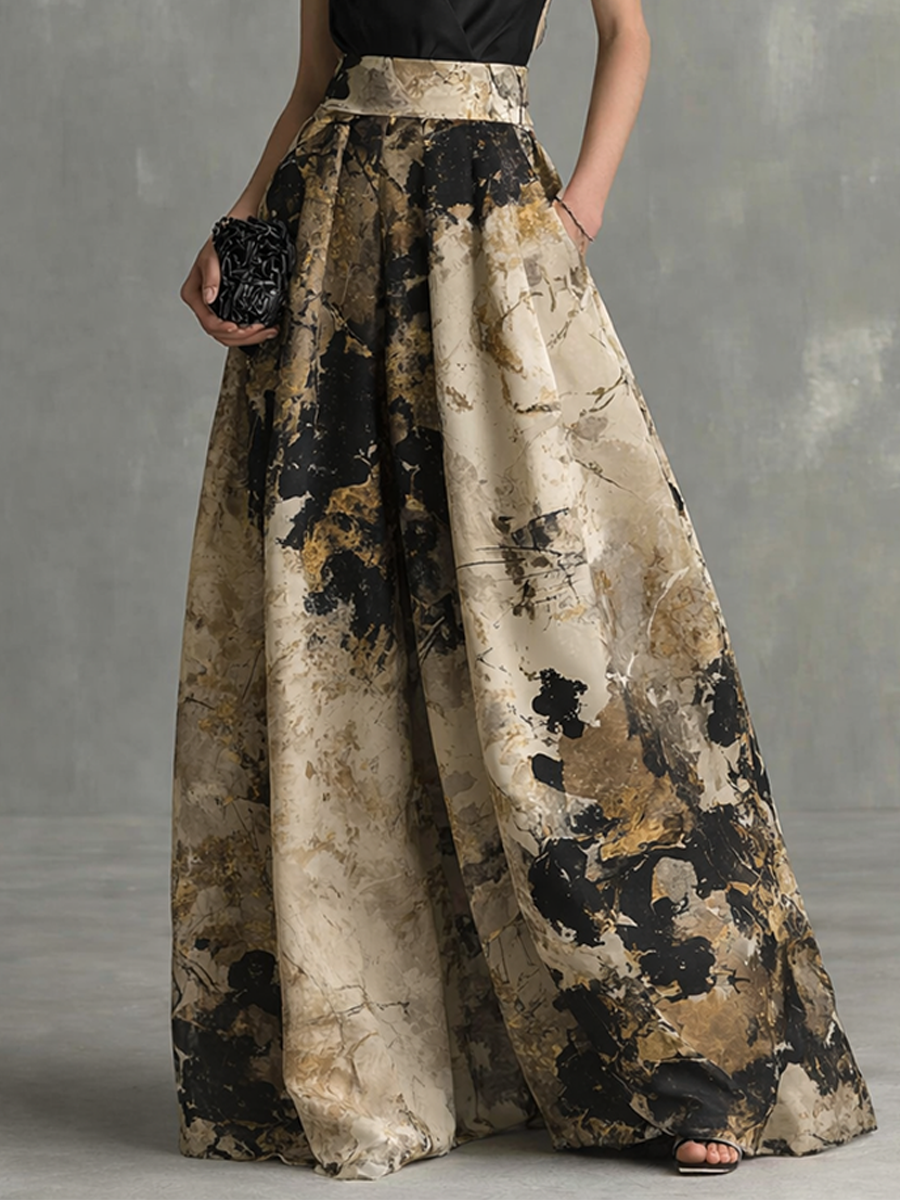 Robe Maxi Élégante Femme Noire Et Beige Imprimé Abstrait Décolleté En V À Bretelles