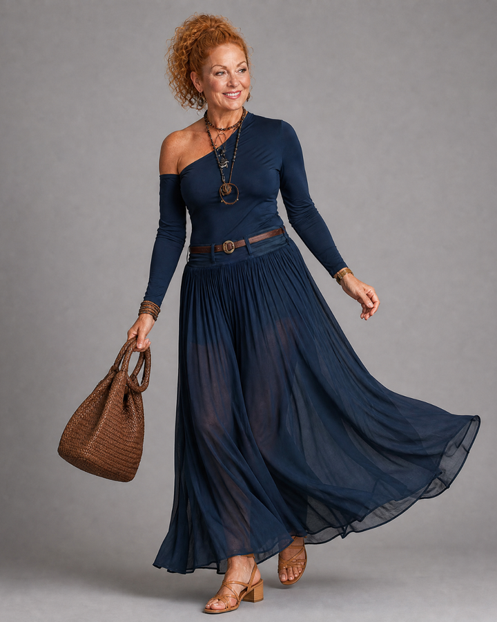 Nythera | Top aderente a spalla unica e set di gonna maxi plissettata