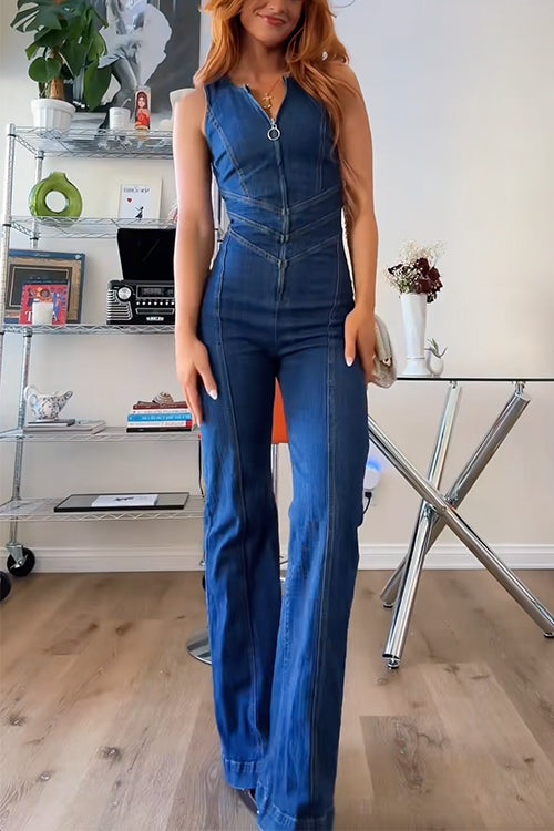 Combinaison en Jean à Manches Sans Manche avec Zip Margovil et Dos en Cœur à Pattes d'Éléphant
