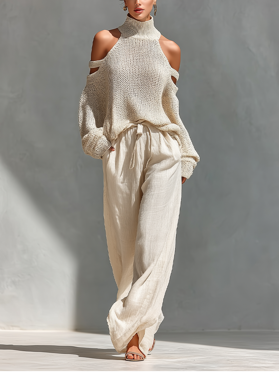 Ensemble Top Col Roulé à Épaules Dégagées en Tricot Beige pour Femmes & Pantalons à Jambes Larges