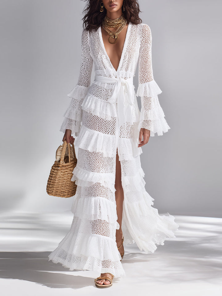 Cardigan en Crochet Tricoté Blanc Éclatant pour Femmes avec Décolleté en V Profond et Volants Superposés, Style Bohème-Chic Intemporel Cardigan