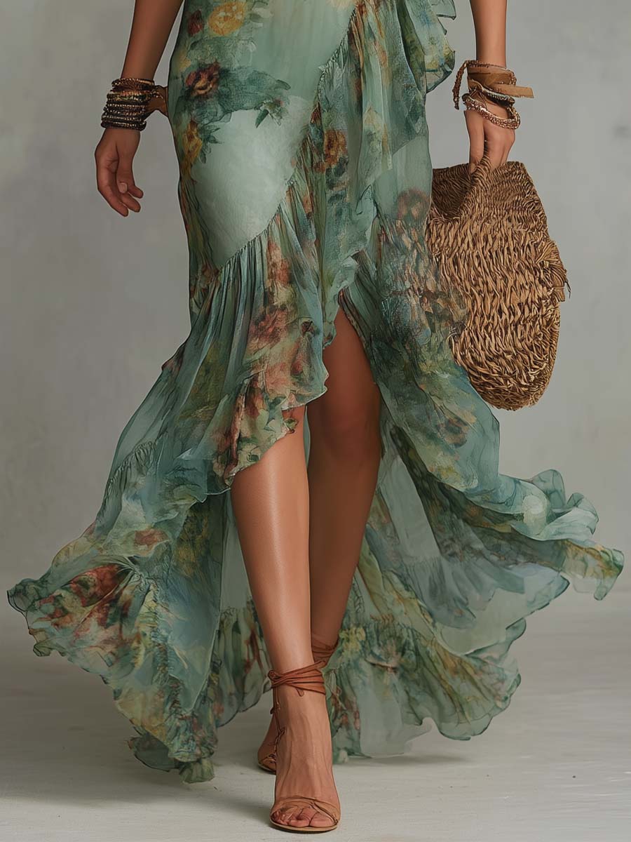 Aurora - longue robe boho à fleurs avec ourlet romantique et asymétrique