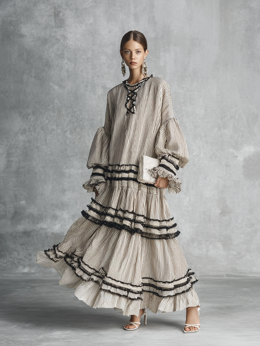 Robe maxi longue à volants à rayures bohème pour femme