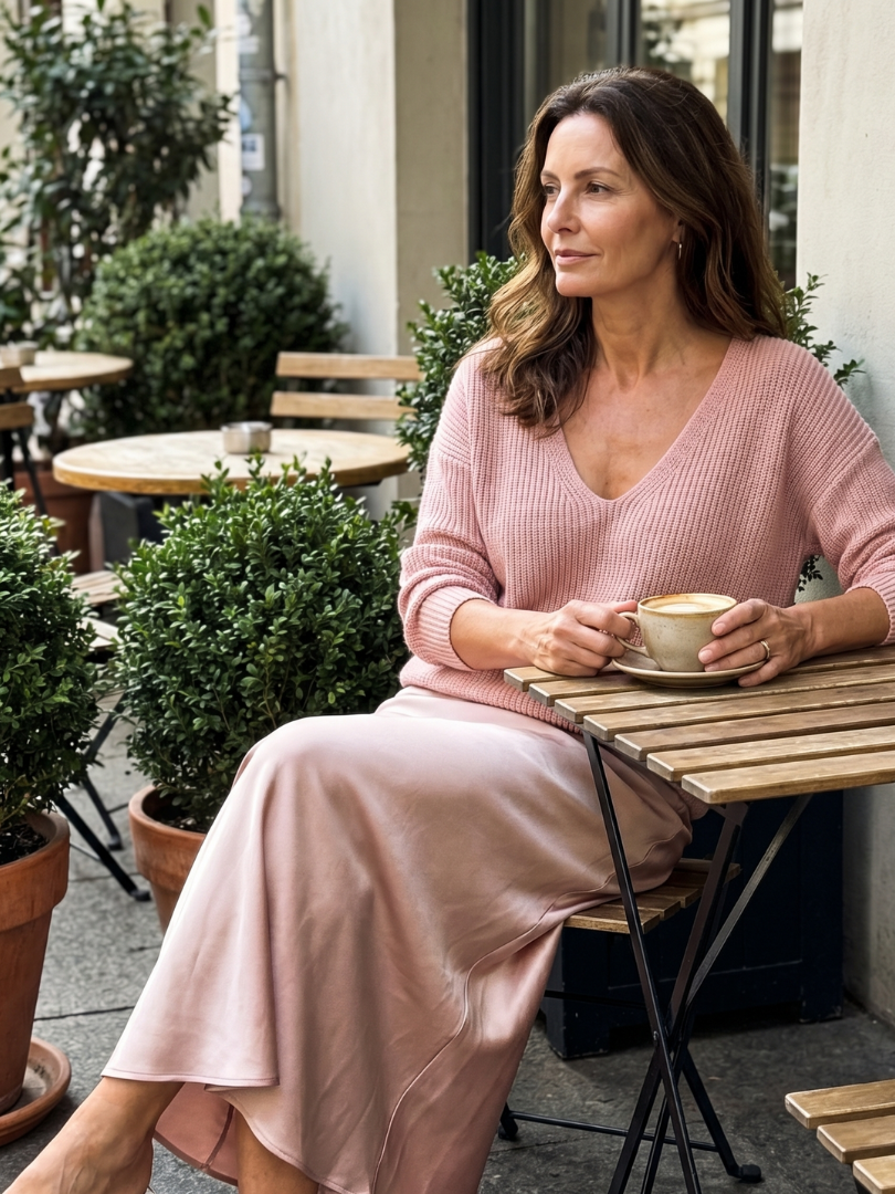 Luciana | Set di Maglione a V e Gonna in Satin a Taglio Inclinato
