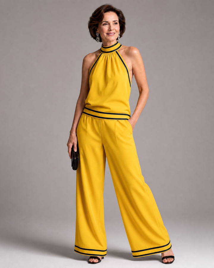 Zephyrine | Jumpsuit a gamba larga con scollatura a halter e dettagli a contrasto