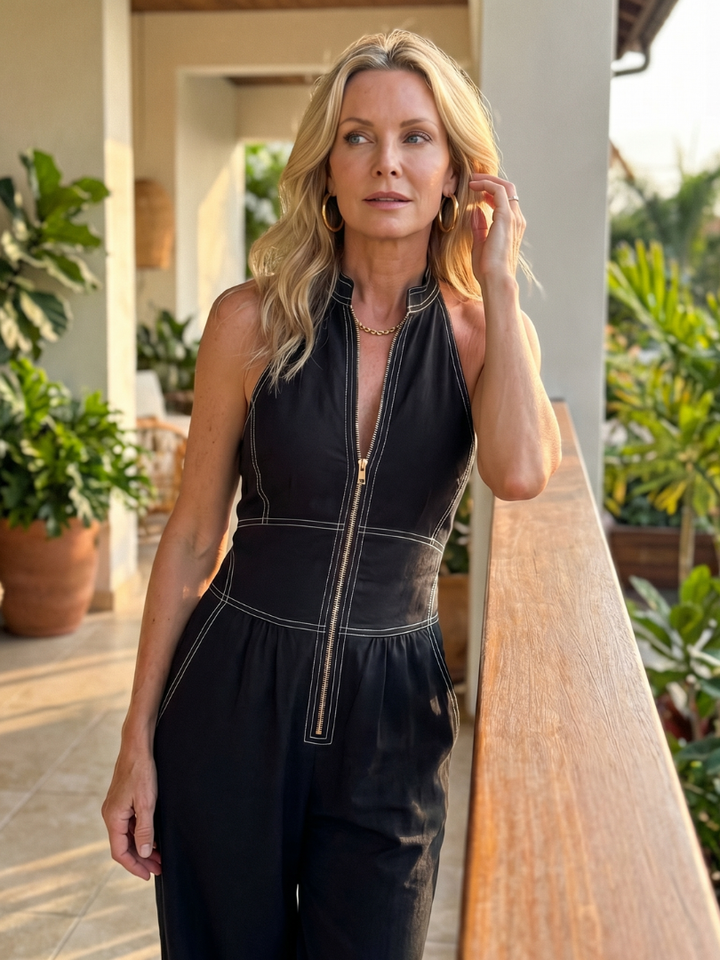 Dara | Salopette a Zip Front con Cuciture a Contrasto e Gamba Larga