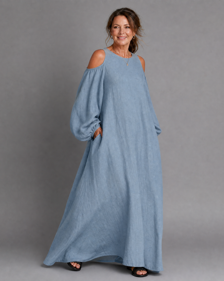 Sylphine | Abito Maxi Relaxed con Spalle Scoperte e Maniche a Palloncino