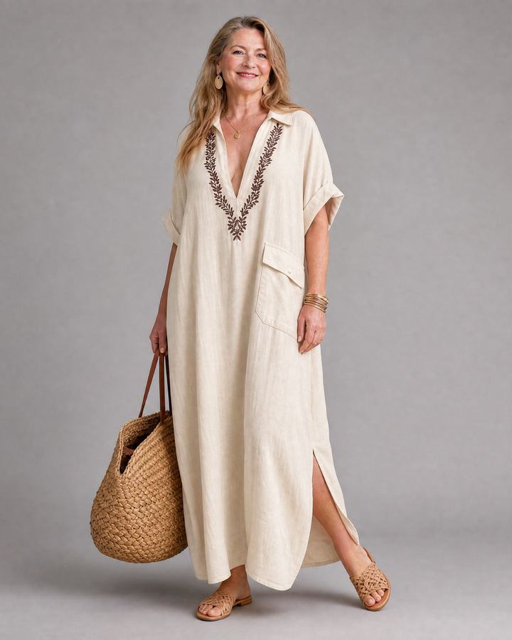 Elakeja | Vestito Midi Relaxed con Dettaglio Tasca e Collo a V Ricamato