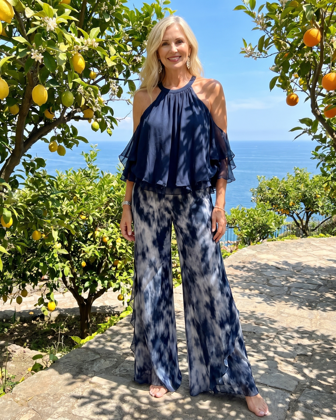 Xylara | Set con Scollo Halter a Strati e Pantaloni Larghe Stampati