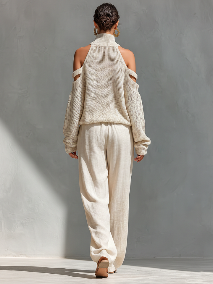 Ensemble Haut Col Montant avec Épaules Dénudées en Maille Beige pour Femmes & Pantalons à Jambe Large