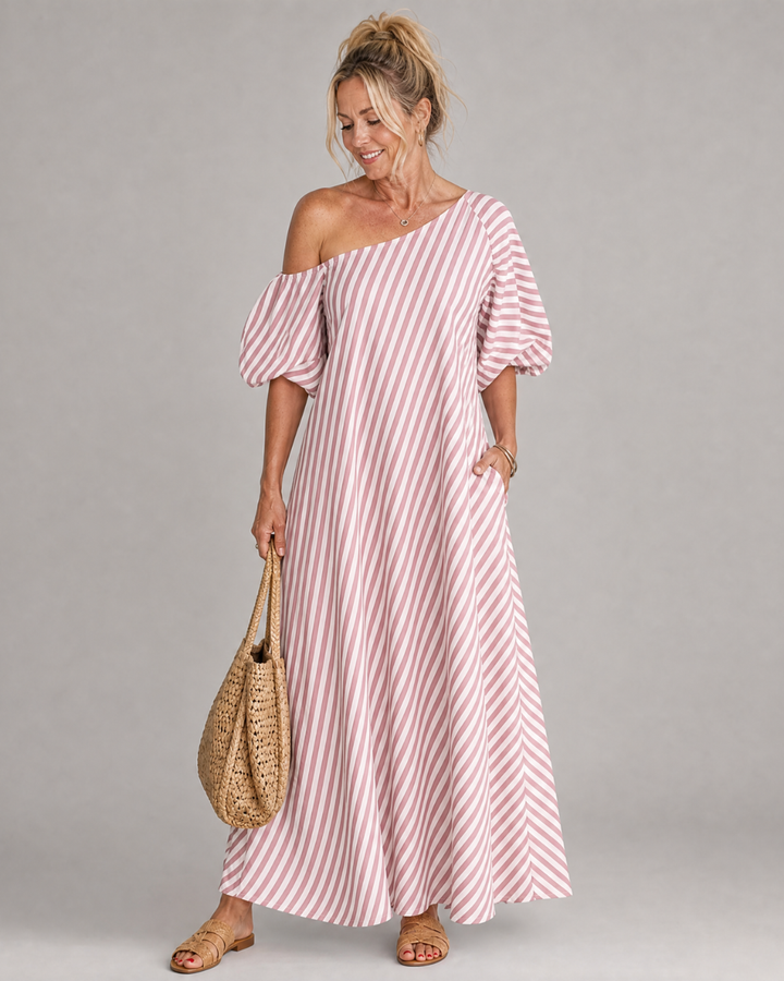 Zamrina | Abito Midi a Strisce con Maniche a Volant Off Shoulder