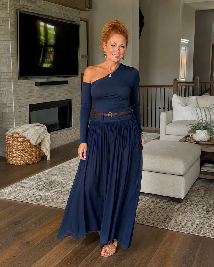 Nythera | Top aderente a spalla unica e set di gonna maxi plissettata