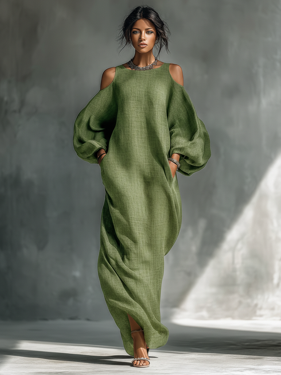 Robe maxi femme vert clair à épaules dénudées avec manches bouffantes surdimensionnées et poches latérales
