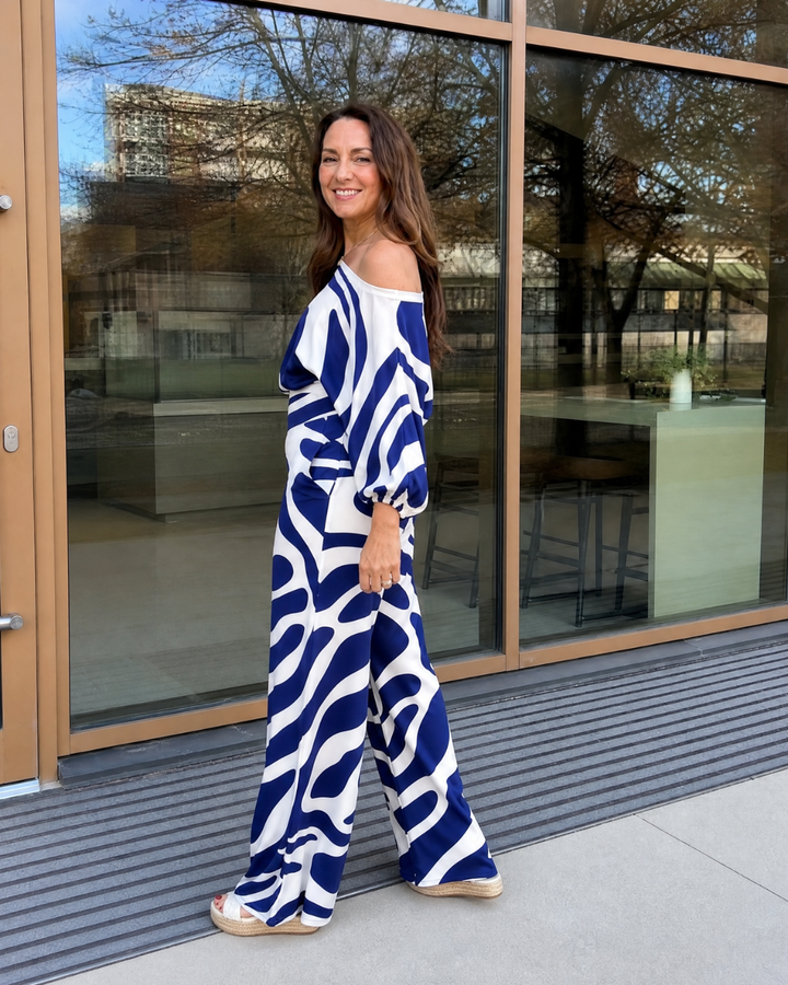 Sulaya | Top Off Shoulder con Stampa Astratta e Pantaloni a Gamba Larga