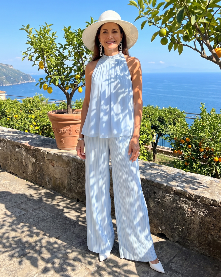 Sylmara | Top Fluttuante con Collo All'Americana e Pantaloni Largo Plissettati