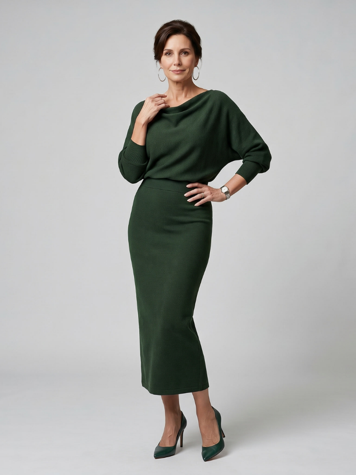 Romy | Abito midi aderente con scollatura drappeggiata