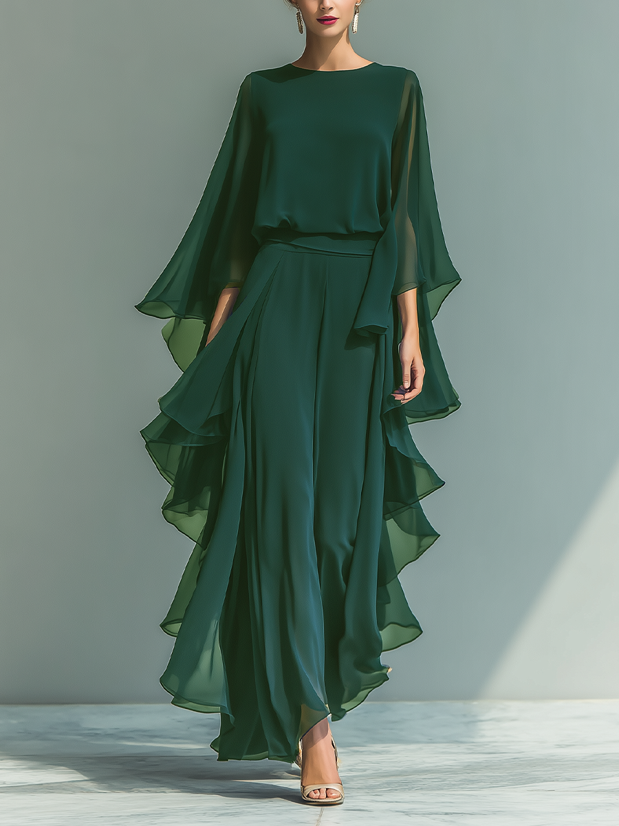 Ensemble Femme Top Chiffon Bleu Marine À Manches Évasées Et Pantalon Droit Avec Détails Volants