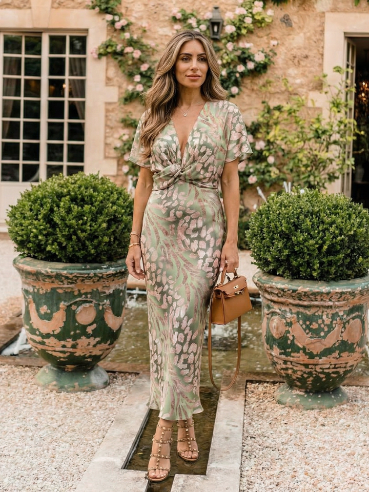 Stella & Grace™ | Abito Midi con Stampa Astratta e Scollo a V