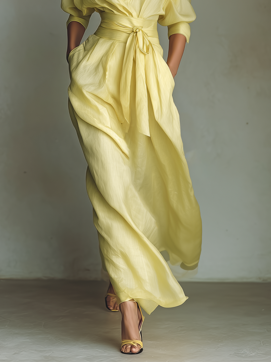 Robe Chemise Maxi Femme Jaune Citron En Coton Et Lin Avec Ceinture À Nouer & Manches Mi-Longues