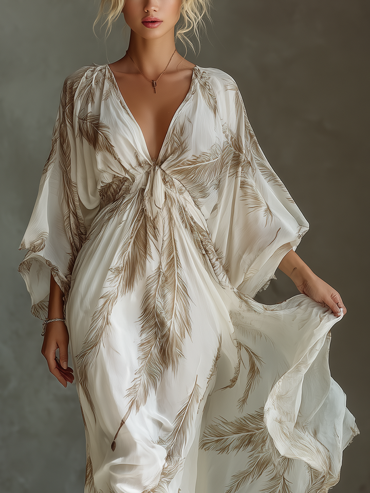 Robe Maxi en Chiffon Ivoire et Taupe à Manches Dolman avec Devant Torsadé et Imprimé Feuille de Palmier