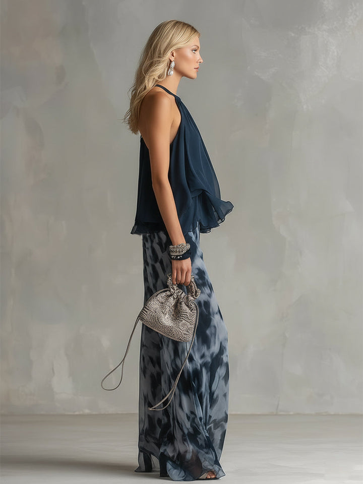 Lilla – ensemble élégant en chiffon avec un haut à col montant et un pantalon à jambes larges à motifs