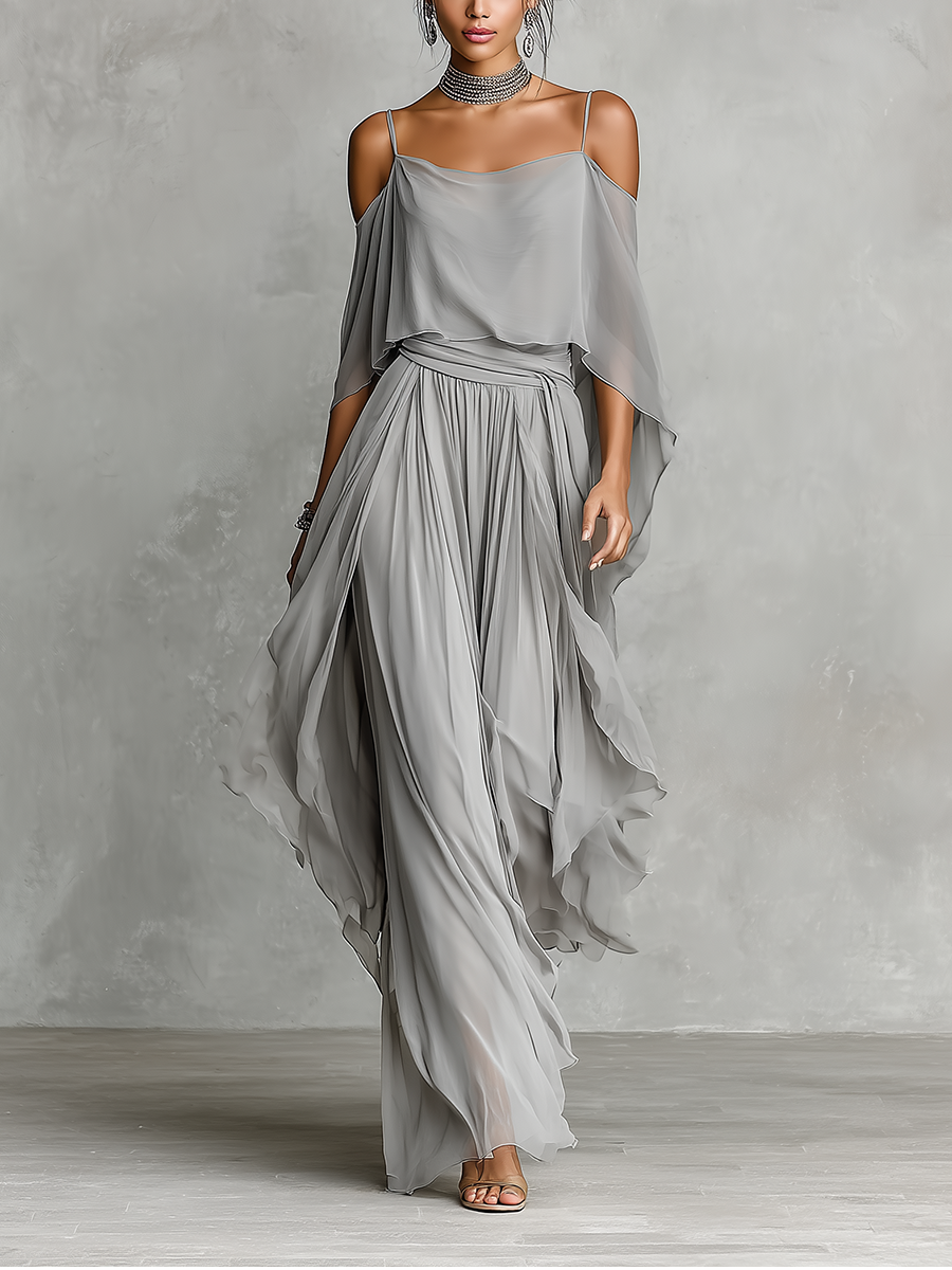 Ensemble Chiffon Respirant Gris Femme Avec Détail Épaules Nues & Silhouette Évasée, Style Contemporain Luxe-Féminin