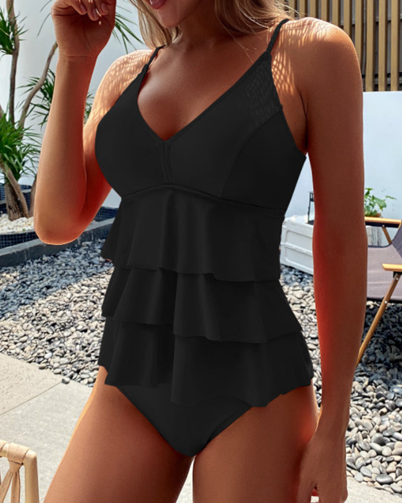 Lia - Maillot de Bain Uni avec Volants Élégants