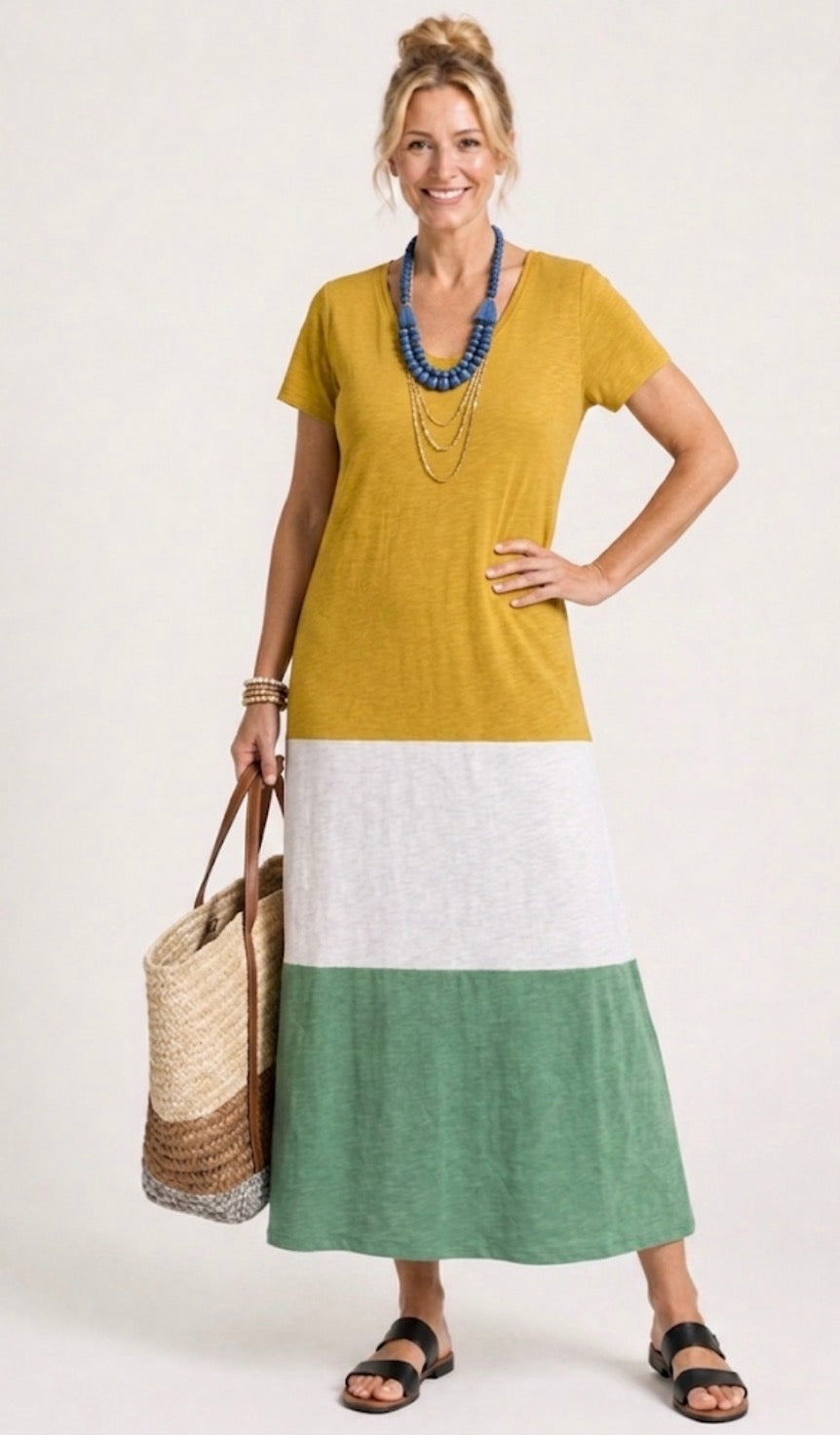 Thalia | Abito Midi a Maniche Corte con Collo a V in Color Block