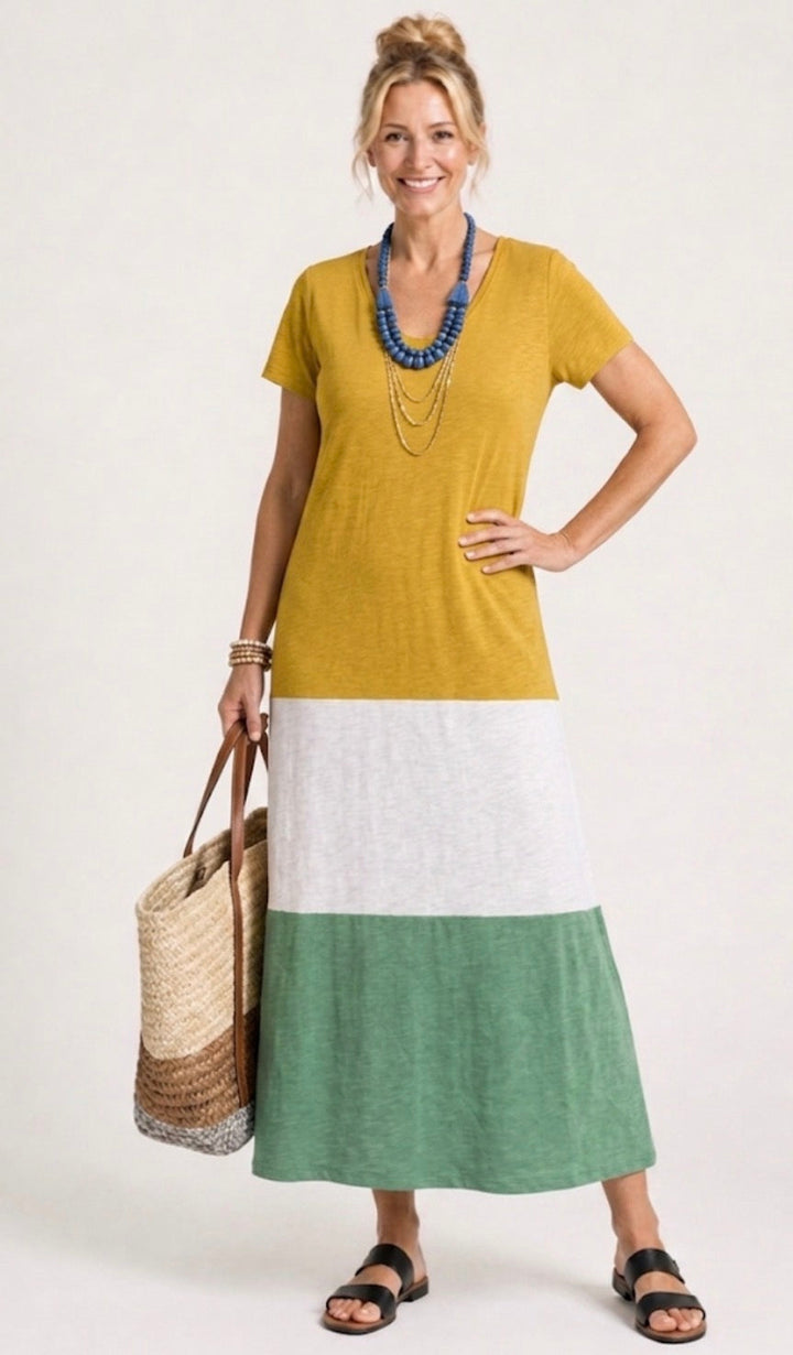 Thalia | Abito Midi a Maniche Corte con Collo a V in Color Block